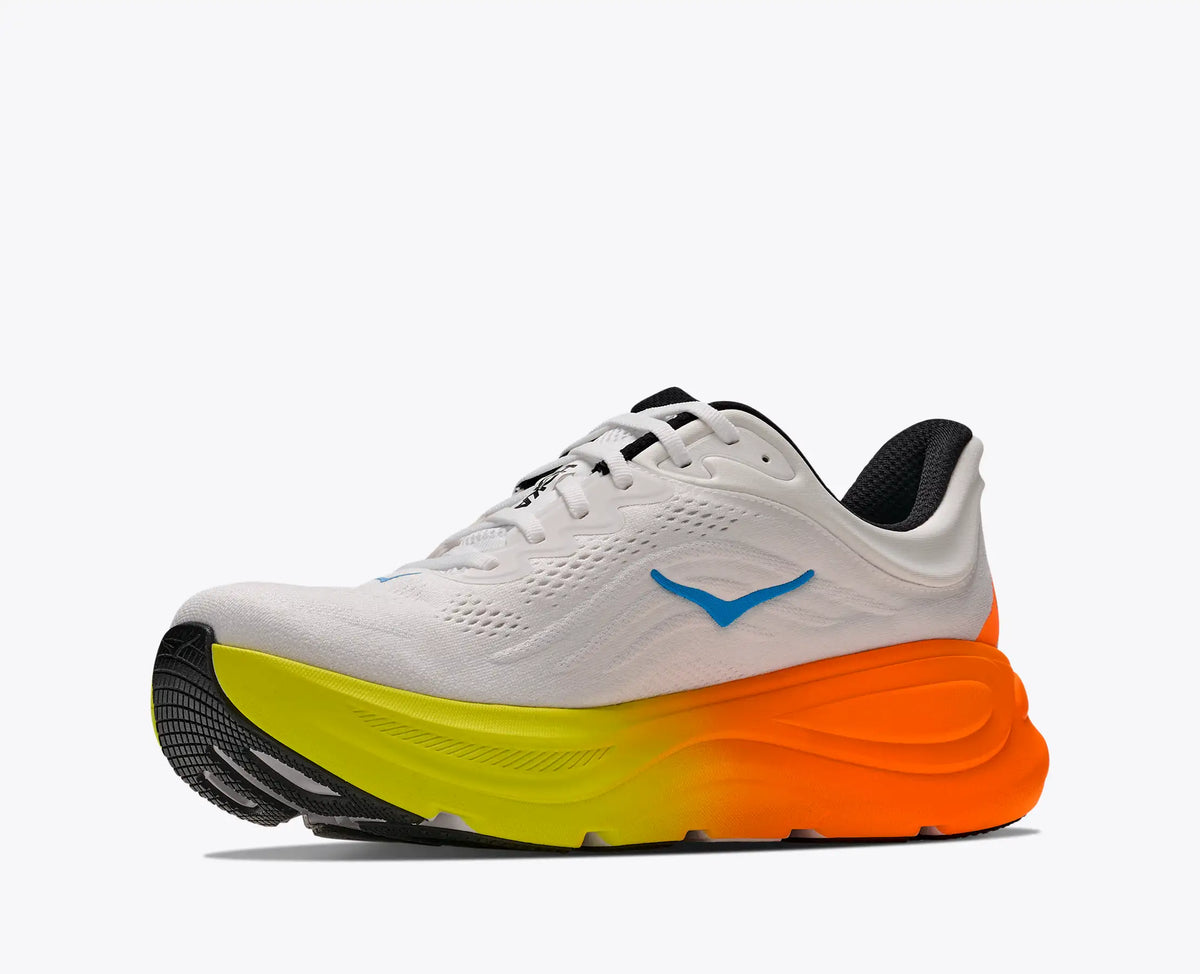 HOKA Bondi 9 — White / Neon Tangerine — vue 3