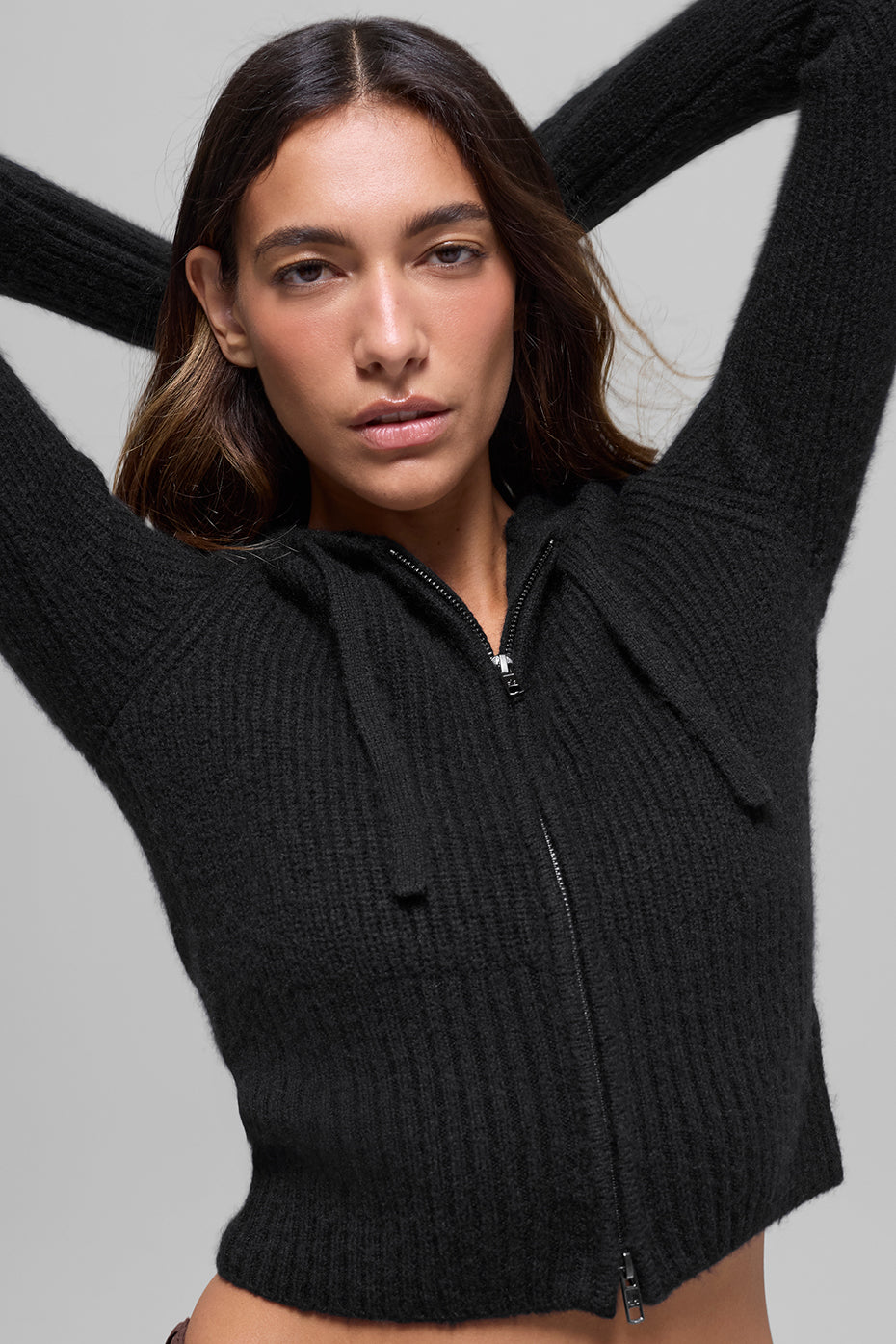 Cashmere Ribbed Noble Full Zip Hoodie - Black
