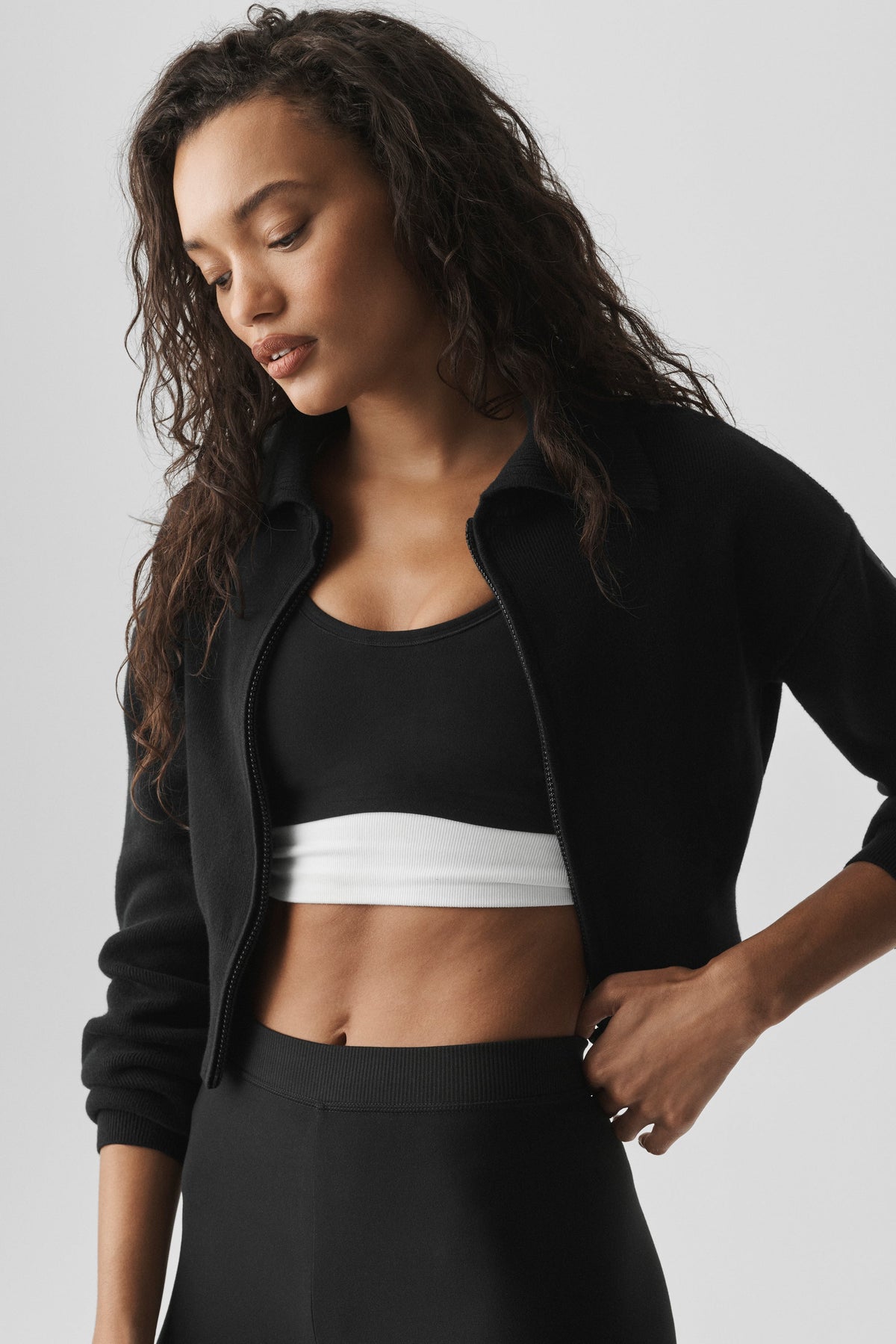 Scholar Knit Cropped Full Zip Jacket - Black