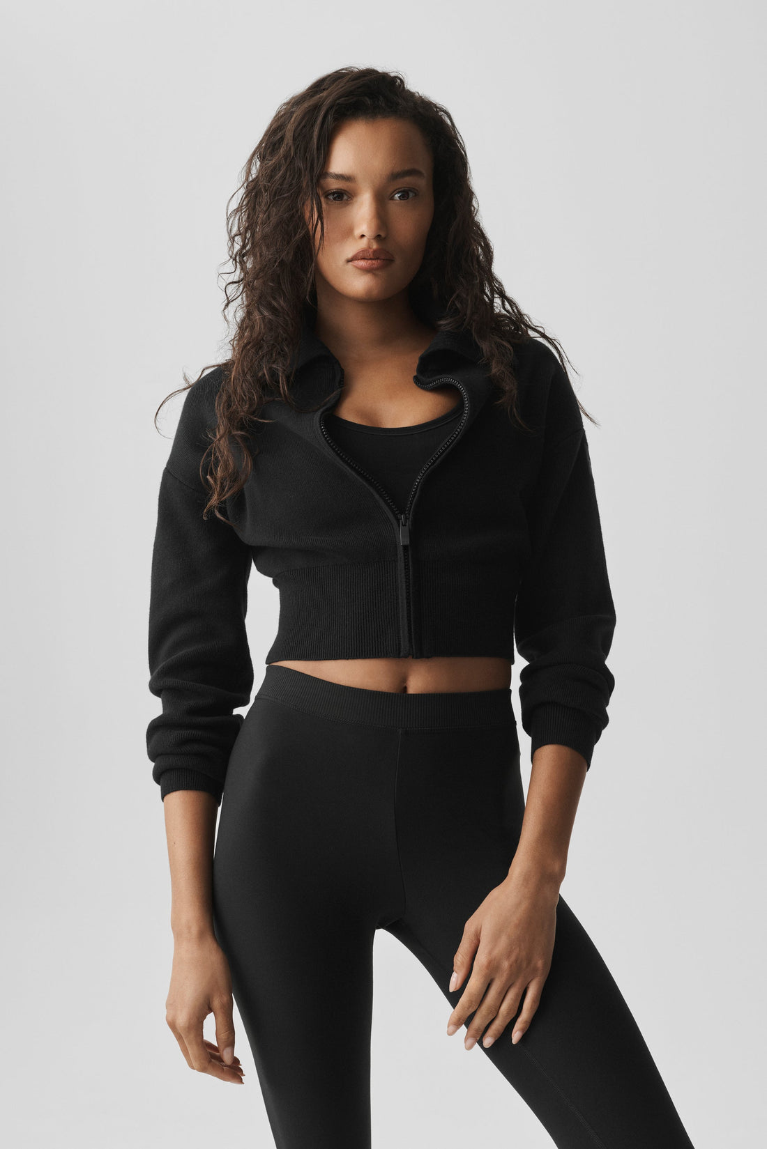 Scholar Knit Cropped Full Zip Jacket - Black