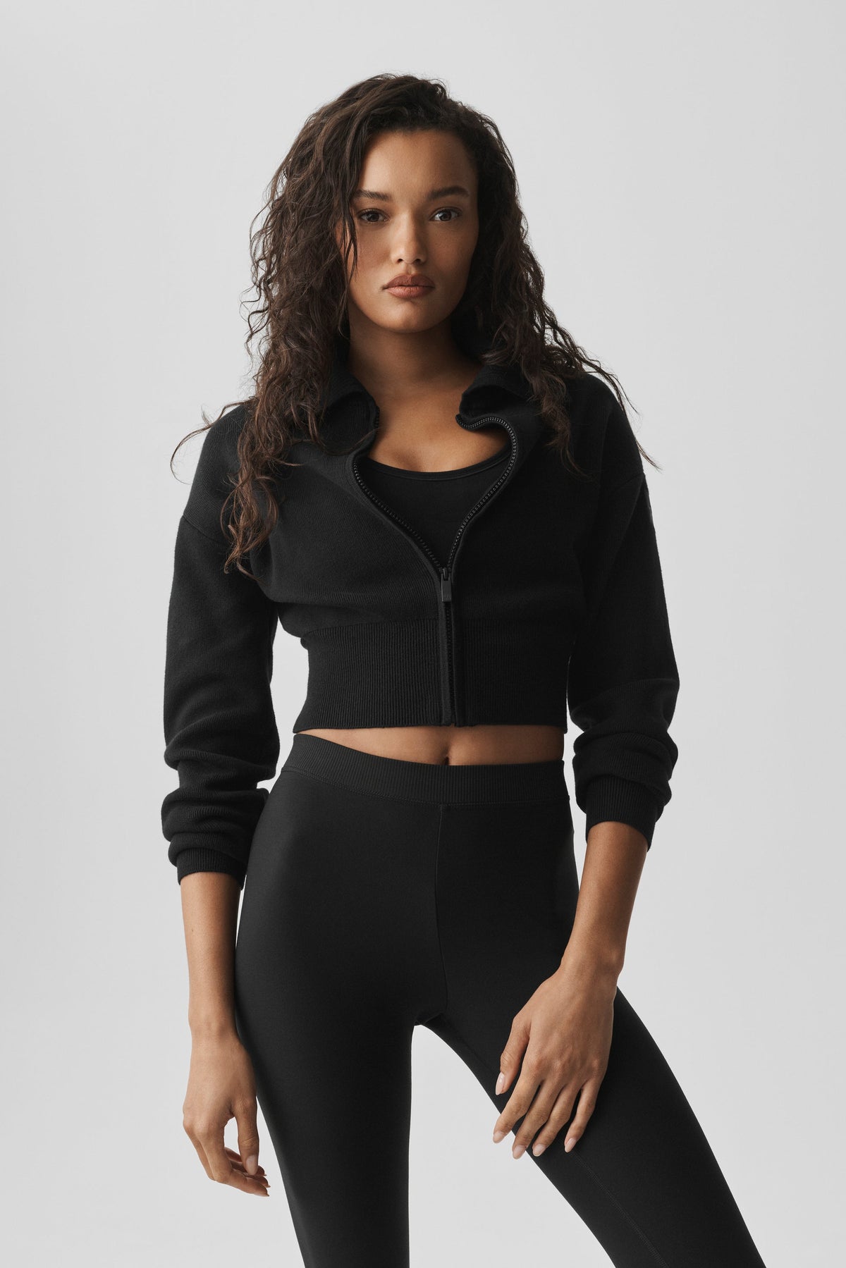 Scholar Knit Cropped Full Zip Jacket - Black